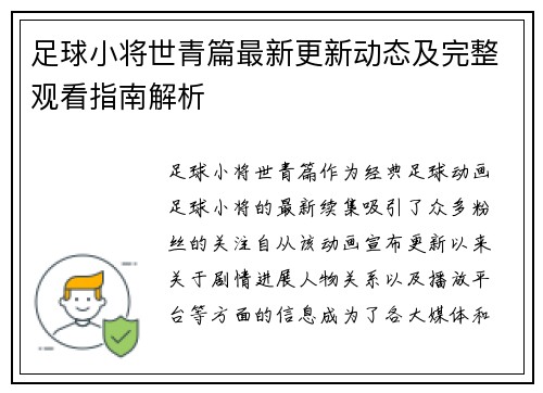 足球小将世青篇最新更新动态及完整观看指南解析
